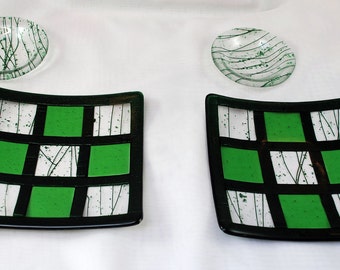 Fused Glass sushi plate set - green geometric contemporary