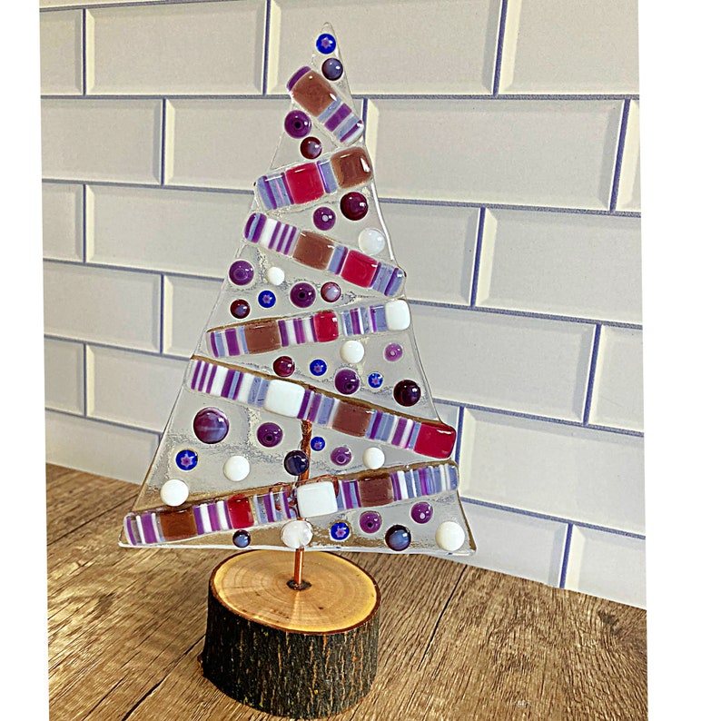 Whimsical fused glass Christmas trees / glass stringer art / natural wood bases / purple colorway Diagonals on clear