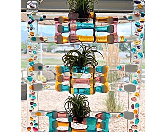 Air plant holder fused glass sun catcher colorful textural 3-tier tillandsia holder in teal, amber, and plum. Air plants not included.