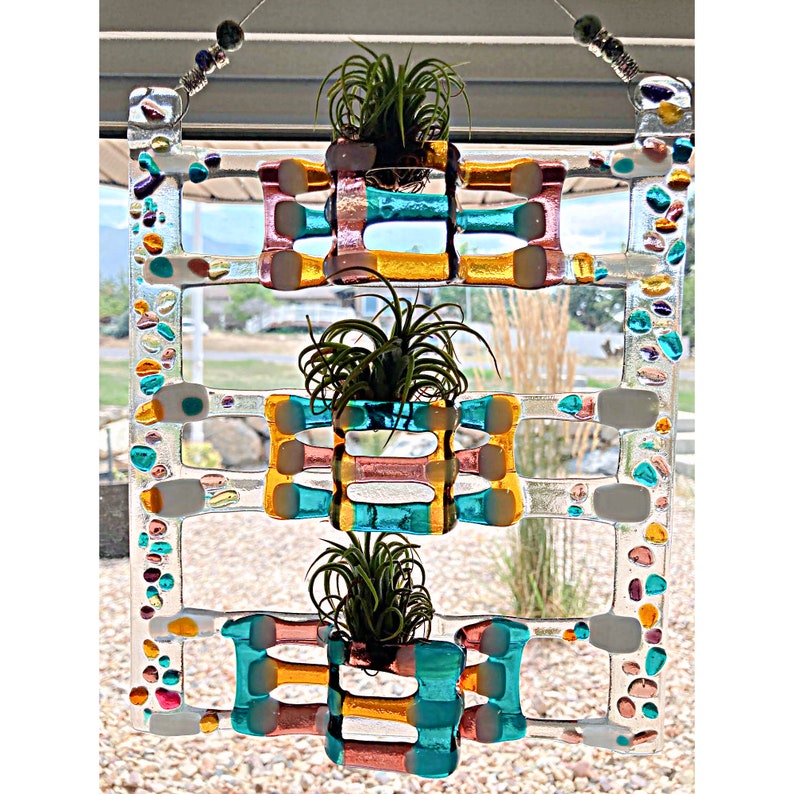 Air plant holder fused glass sun catcher colorful textural 3-tier tillandsia holder in teal, amber, and plum. Air plants not included. image 1