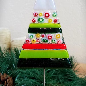 Whimsical fused glass Christmas tree / stripes and millefiori / natural wood bases / handmade by me with materials from the USA image 7