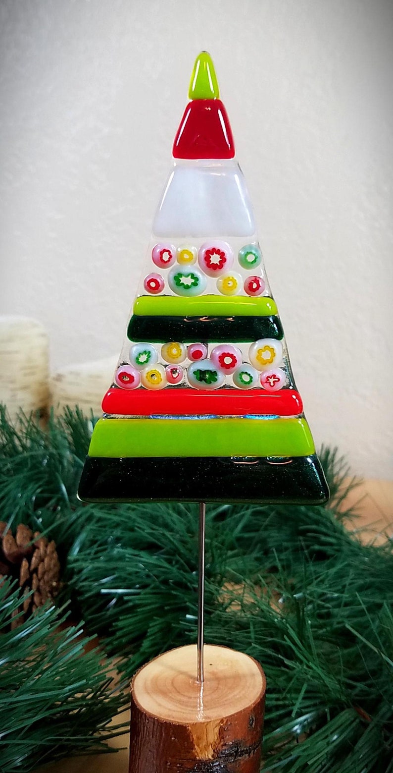 Whimsical fused glass Christmas tree / stripes and millefiori / natural wood bases / handmade by me with materials from the USA image 7