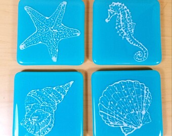 Fused glass marine life coasters turquoise and white coastal nautical