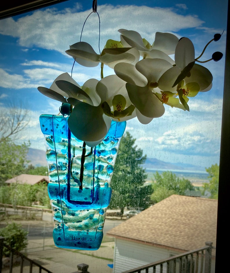 Fused glass hanging pocket vases, propagation station, for windows or wall art, for live, artificial or dried flowers, holds water image 8