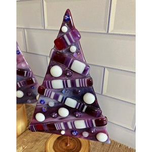 Whimsical fused glass Christmas trees / glass stringer art / natural wood bases / purple colorway image 4