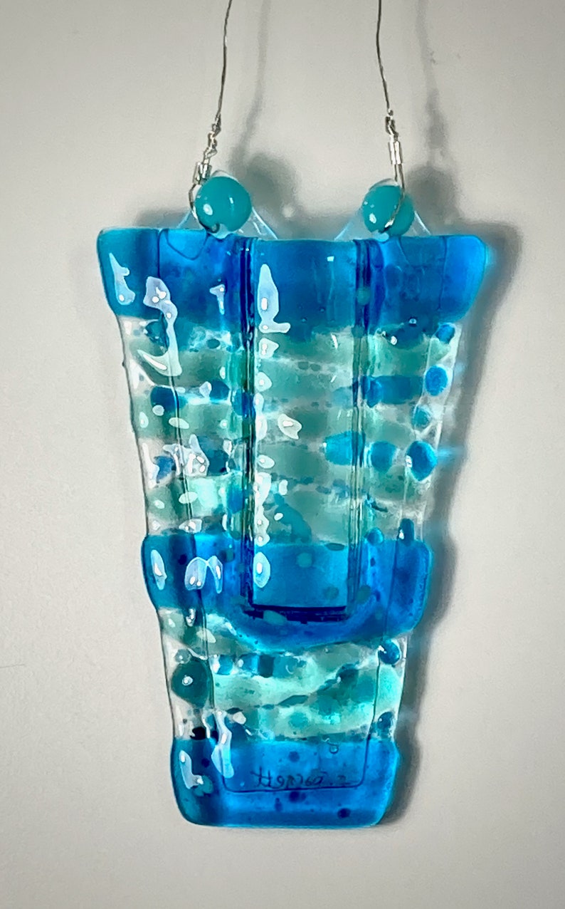 Fused glass hanging pocket vases, propagation station, for windows or wall art, for live, artificial or dried flowers, holds water Blue