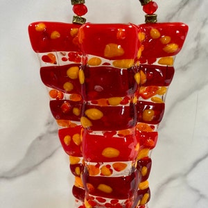 Fused glass hanging pocket vases, propagation station, for windows or wall art, for live, artificial or dried flowers, holds water Reds