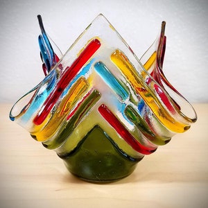 Fused glass handkerchief candle vase / draped textural candle holder / colorful and textural strips of glass / Green