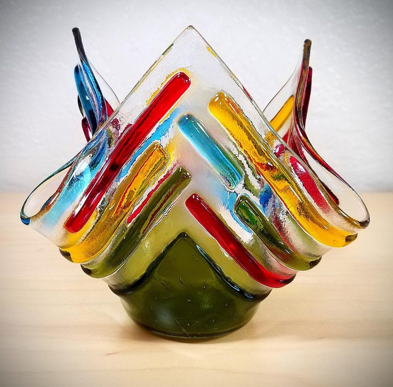 Fused glass handkerchief candle vase / draped textural candle holder / colorful and textural strips of glass / Green