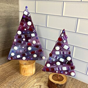 Whimsical fused glass Christmas trees / glass stringer art / natural wood bases / purple colorway Diagonals on purple