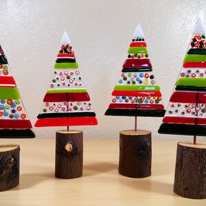 Whimsical fused glass Christmas tree / stripes and millefiori / natural wood bases / handmade by me with materials from the USA image 2