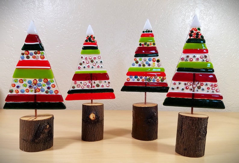 Whimsical fused glass Christmas tree / stripes and millefiori / natural wood bases / handmade by me with materials from the USA image 2