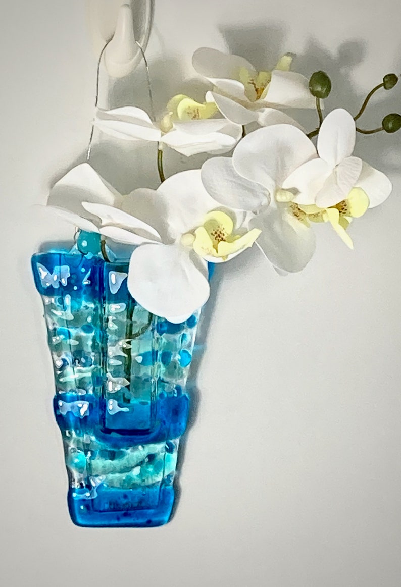 Fused glass hanging pocket vases, propagation station, for windows or wall art, for live, artificial or dried flowers, holds water image 1