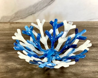 Fused glass snowflake bowl, white and blue streaky glass, fruit bowl, decorative centerpiece, winter decor