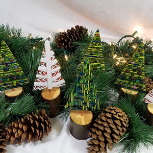 Whimsical fused glass Christmas trees on natural wood bases, version 2.0 image 1