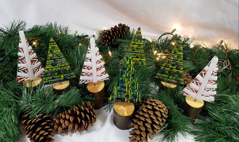 Whimsical fused glass Christmas trees on natural wood bases, version 2.0 image 1