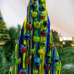 Whimsical fused glass Christmas trees on natural wood bases, version 2.0 image 9