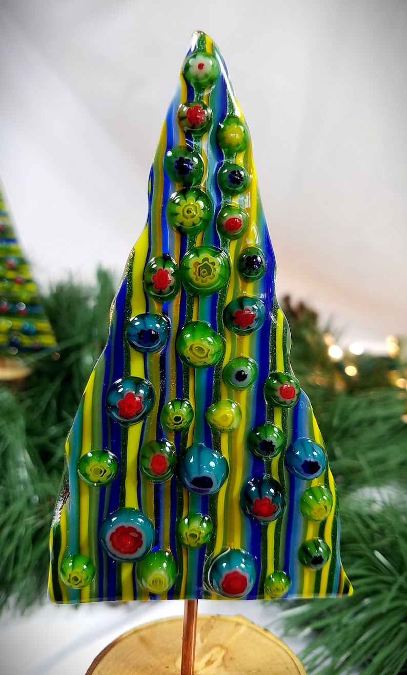 Whimsical fused glass Christmas trees on natural wood bases, version 2.0 image 9