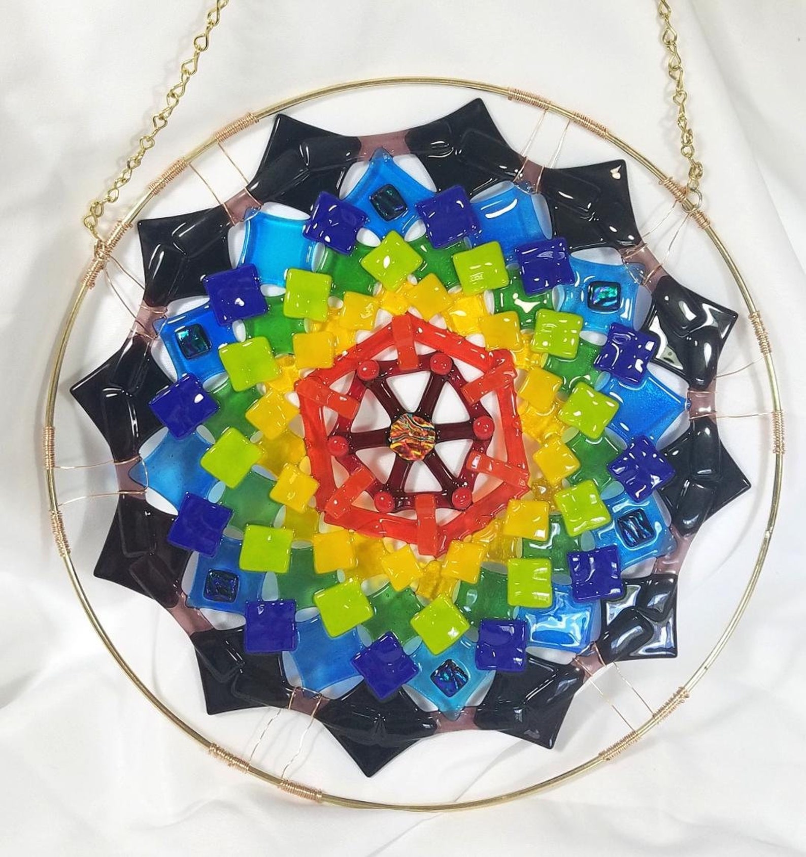 Large Rainbow Fused Glass Mandala Hanging Sun Catcher or Wall Art Etsy