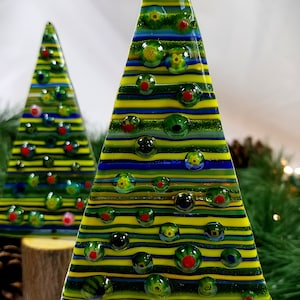 Whimsical fused glass Christmas trees on natural wood bases, version 2.0 horizontal stripes