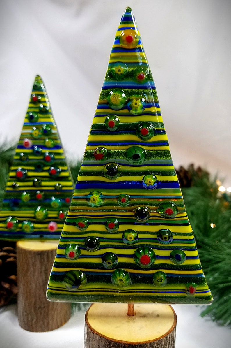 Whimsical fused glass Christmas trees on natural wood bases, version 2.0 horizontal stripes