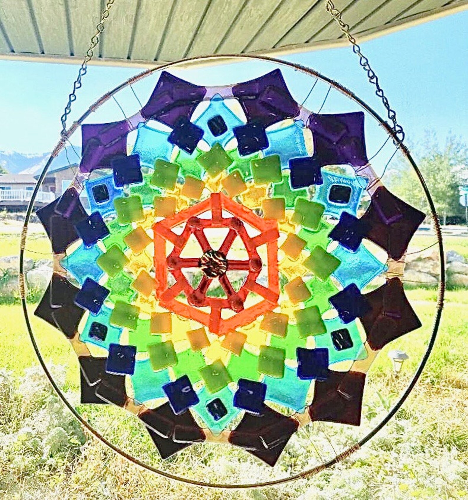 Large Rainbow Fused Glass Mandala Hanging Sun Catcher or Wall Art Etsy