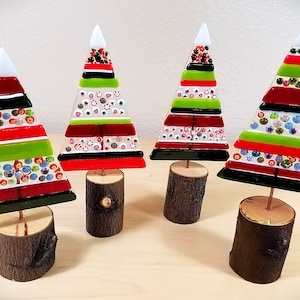 Whimsical fused glass Christmas tree / stripes and millefiori / natural wood bases / handmade by me with materials from the USA image 1