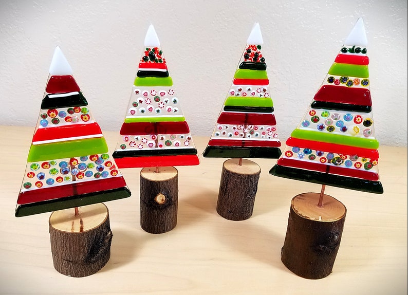 Whimsical fused glass Christmas tree / stripes and millefiori / natural wood bases / handmade by me with materials from the USA image 1