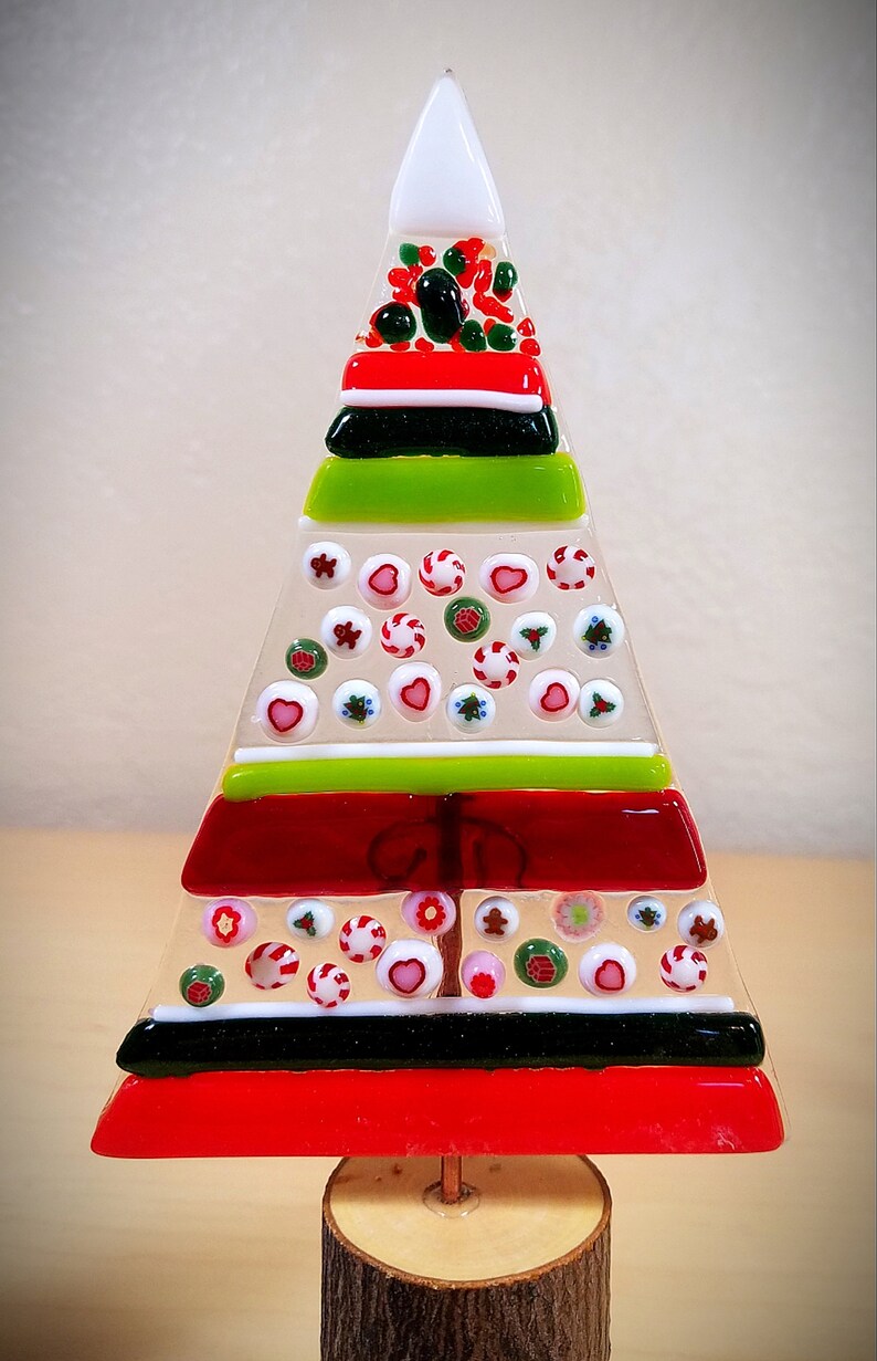Whimsical fused glass Christmas tree / stripes and millefiori / natural wood bases / handmade by me with materials from the USA image 4