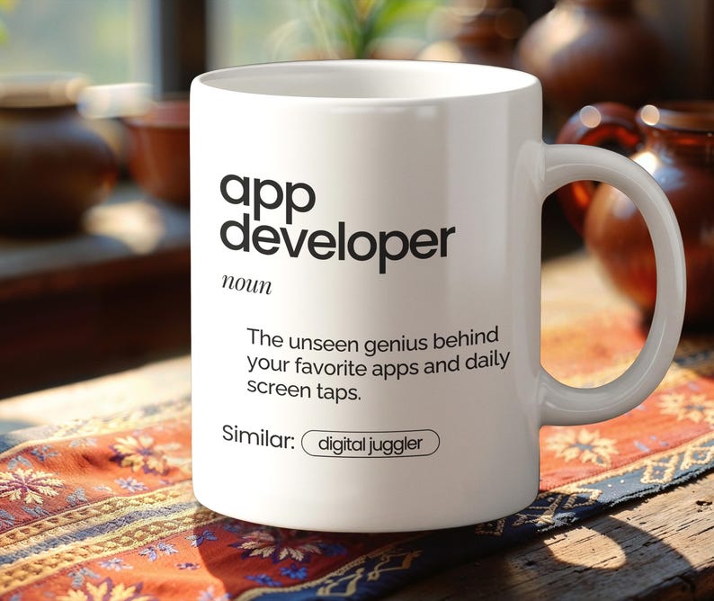 May include: White ceramic mug with the text "app developer" in black, and a definition. The mug also includes the phrase "The unseen genius behind your favourite apps and daily screen taps." and the word "Similar: digital juggler."