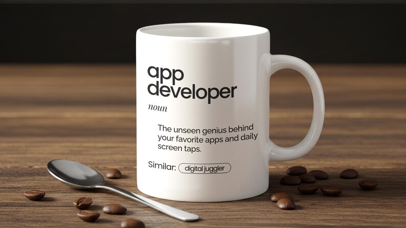 May include: White ceramic mug with the text "app developer" in black. The mug also has the definition of app developer printed on it. A silver spoon and coffee beans are on the wooden surface.