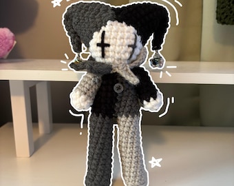 Handmade Crochet Jester Plushie – Amigurumi Clown Doll in Grayscale