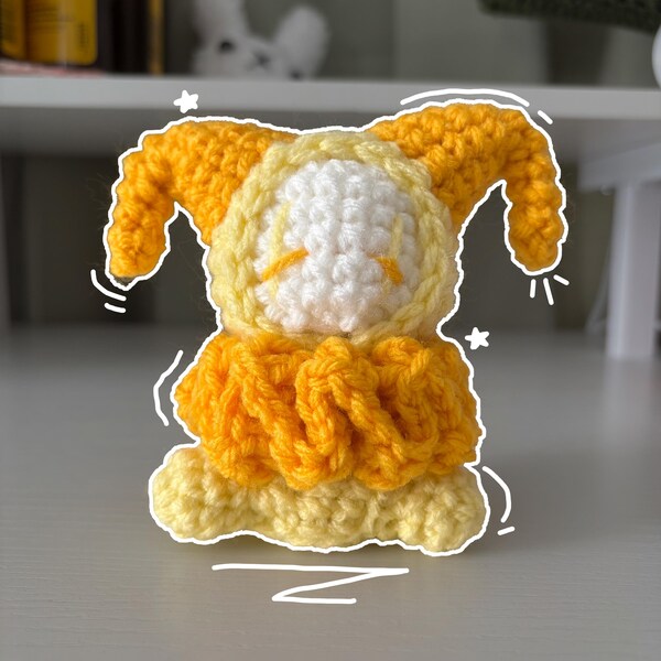Handmade Mini Yellow Crochet Jester Plushie – Whimsical Amigurumi Clown Doll
