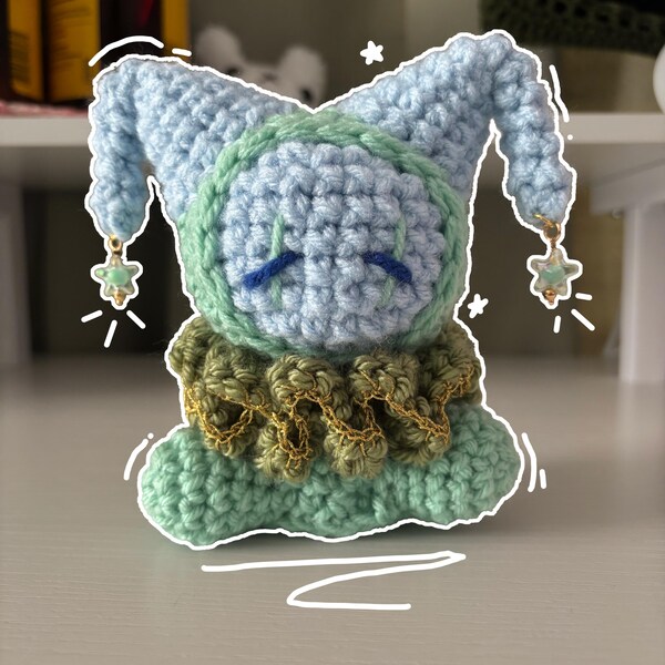 Handmade Cyan Crochet Jester Plushie – Whimsical Amigurumi Clown Doll with Star Charm