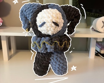 Handmade Crochet Fluffy Jumbo Jester Plushie – Whimsical Amigurumi Clown Doll in Black and Blue