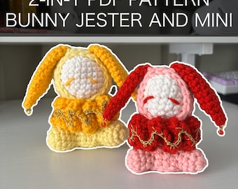 2 in 1 Crochet Pattern – Mini and Standard Size Whimsical Bunny Jester/Clown Plushie – PDF Amigurumi Tutorial