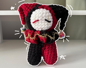 Handmade Crochet Jester Plushie – Whimsical Amigurumi Clown Doll in Black and Red with Star Charms