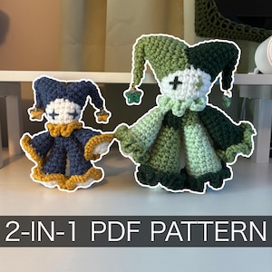 May include: Two handmade crochet jester dolls with star-shaped charms on their hats. The smaller doll is navy blue and gold, while the larger doll is light and dark green. Both feature cross-stitched eyes and ruffled collars. Text reads: 2-IN-1 PDF PATTERN.