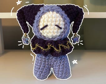 Handmade Crochet Jester Plushie – Whimsical Amigurumi Clown Doll in Purple with Star Charms