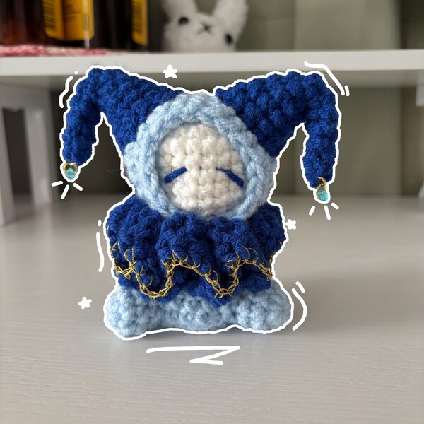 Handmade Mini Blue Crochet Jester Plushie – Whimsical Amigurumi Clown Doll