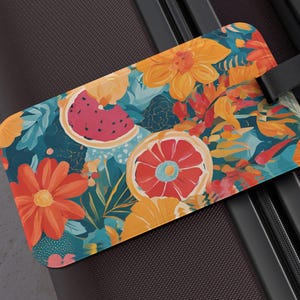 Étiquette à bagage, Motif floral d'agrumes, Couleurs joyeuses, Ambiance positive, Étiquette de sac amusante et lumineuse, Étiquette de valise colorée, Accessoires floraux audacieux
