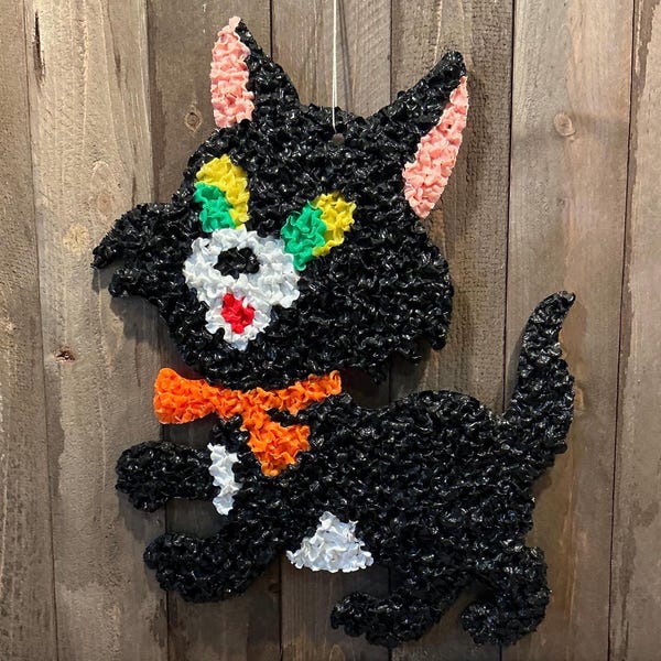 Vintage 1970s Melted Plastic Popcorn Halloween Cat - 16.5" Tall