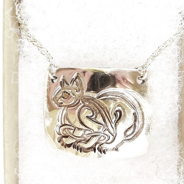 one of a kind fine silver and 22 k gold Celtic cat bib necklace, statement jewelry, cat pendant, veterinarian gift, kitty lover gift