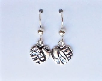 Sterling raven petroglyph earrings, abstract heart earrings, Northwest totem gift, First Nation accessory, archeology jewelry