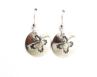 Sterling zia earrings, Southwest jewelry, New Mexico accessory, petroglyph cross, rock art gift