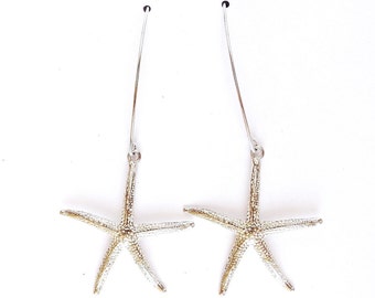 Sterling starfish earrings on long earwires, SCUBA jewelry, beach gift, surfer jewelry, dramatic nautical accessory, starfish jewelry