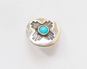 Sterling and turquoise zia button or bracelet, New Mexico jewelry, petroglyph gift, southwest accessory, shawl button, sun rock art gift