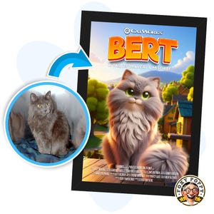 Personalised Cat Movie Poster | Pixar-style Movie Poster of your Cat | Cartoon Cat Portrait | Wall Art for Pet Lovers | Digital Downloads