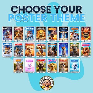 Choisissez le thème de votre affiche | Affiche de film personnalisée pour animaux de compagnie | Affiche de film de style Pixar de votre animal de compagnie | Portrait de chien ou de chat de dessin animé | Téléchargements numériques