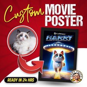 Affiche de film personnalisée | Poster cartoon personnalisé Pixar de votre animal de compagnie | Prêt en 24 heures | Poster personnalisé de chat de bande dessinée | Téléchargements numériques
